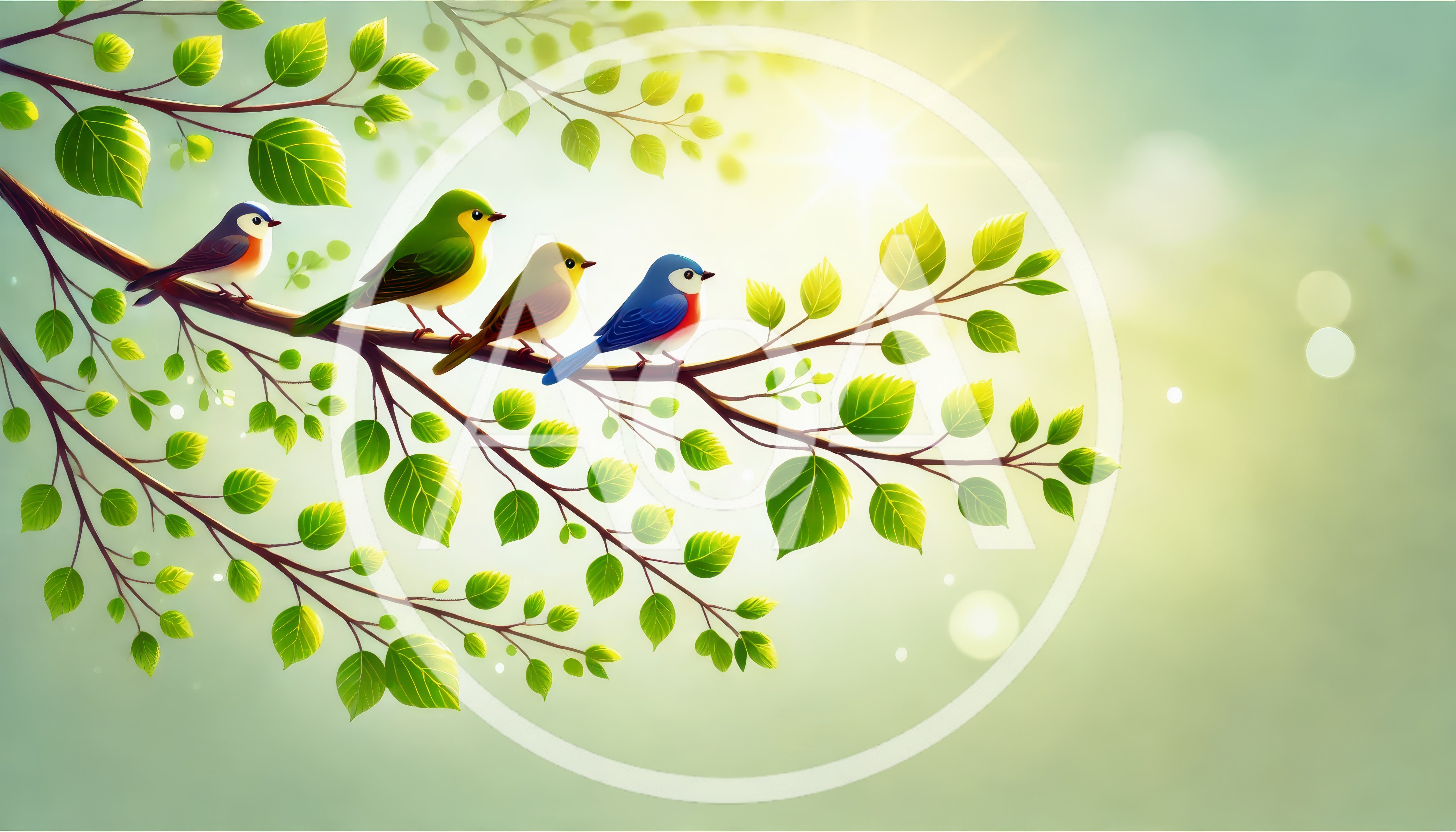Four Colorful Birds Perched On A Sunny Tree Branch