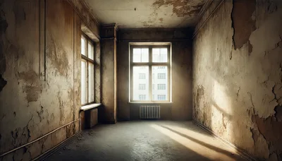 Empty Dilapidated Room With Peeling Paint And Sunlight
