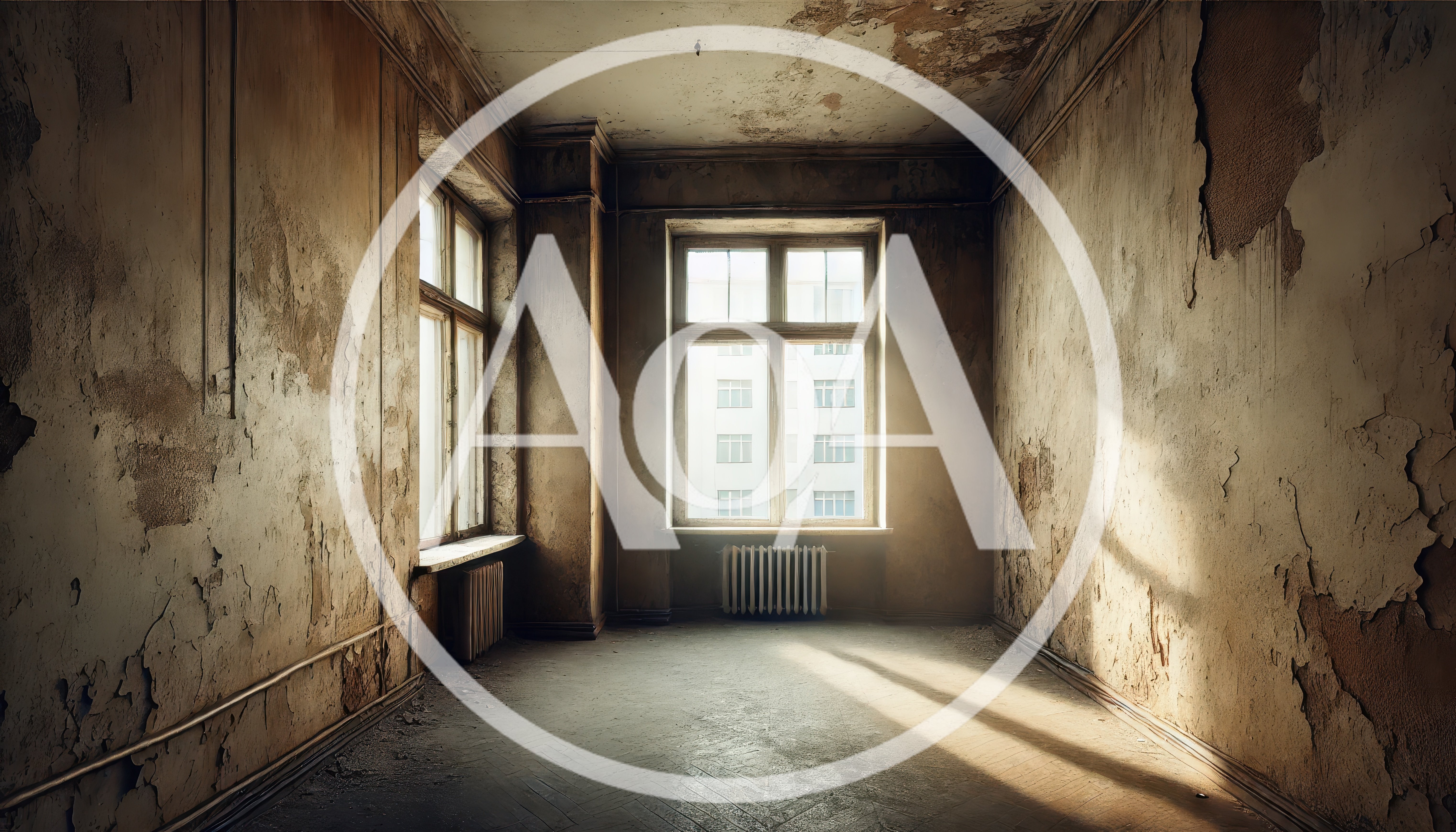 Empty Dilapidated Room With Peeling Paint And Sunlight