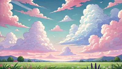 Anime Style Landscape With Pink Clouds Over Meadow
