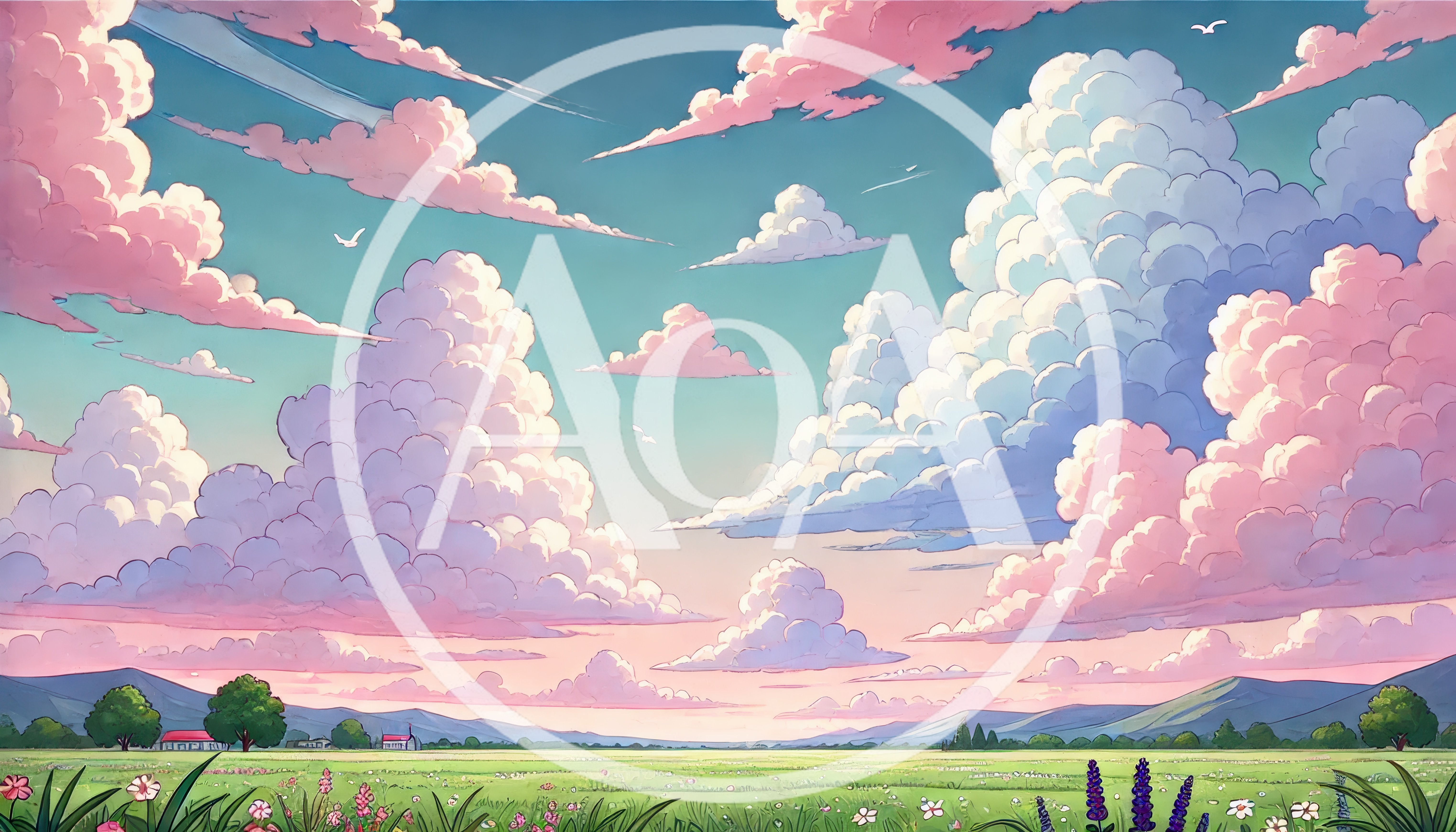 Anime Style Landscape With Pink Clouds Over Meadow