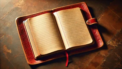 Open Vintage Leather Journal On Rustic Wooden Table