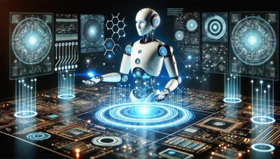 Futuristic AI Robot Interacting With Digital Holographic Interface
