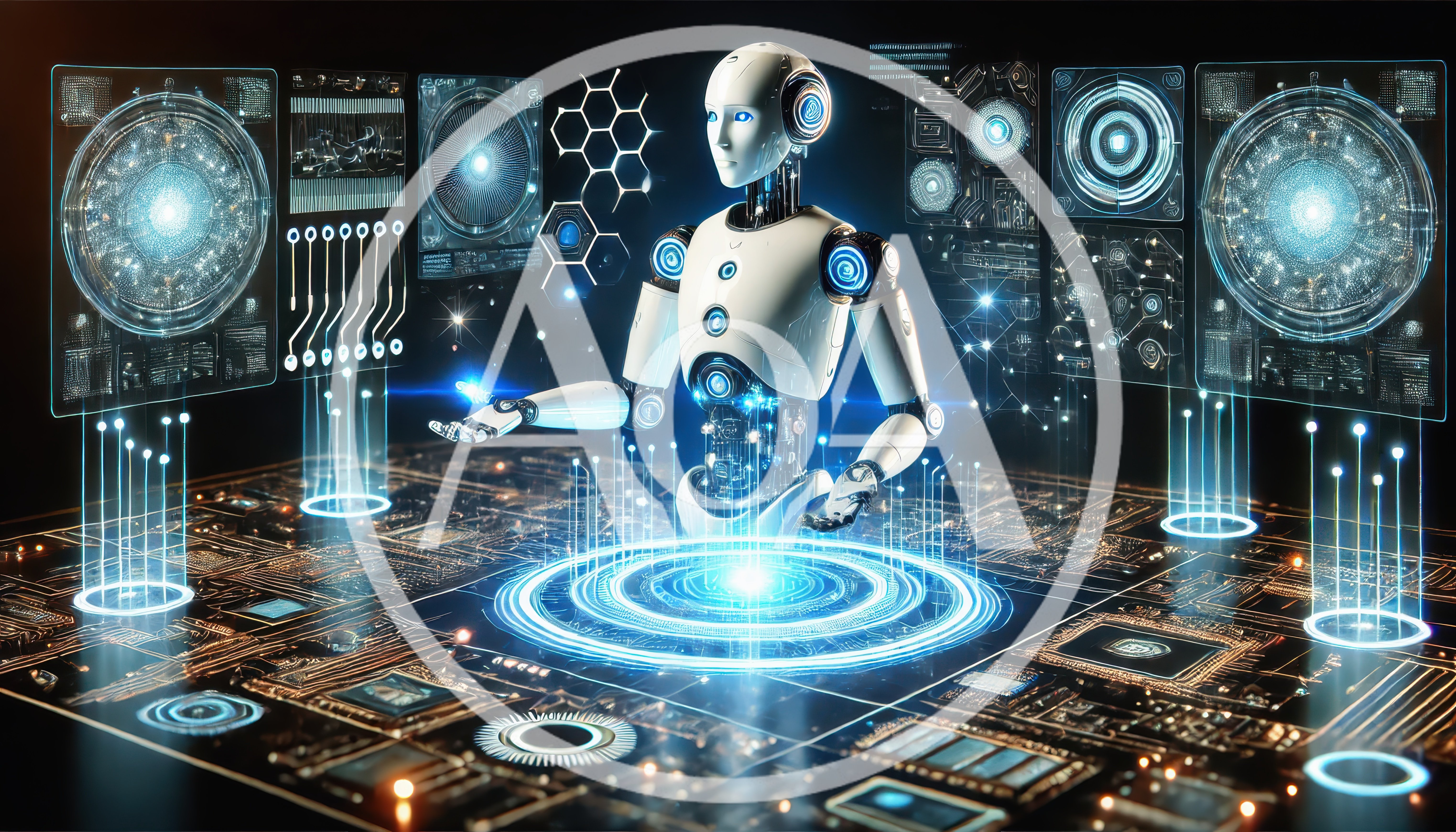 Futuristic AI Robot Interacting With Digital Holographic Interface