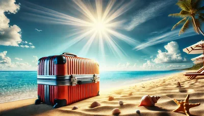 Red Suitcase On A Sunny Tropical Beach