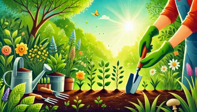 Gardener Planting Young Seedlings In Sunny Garden