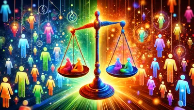 Abstract Digital Illustration Of Balanced Scales With Human Figures