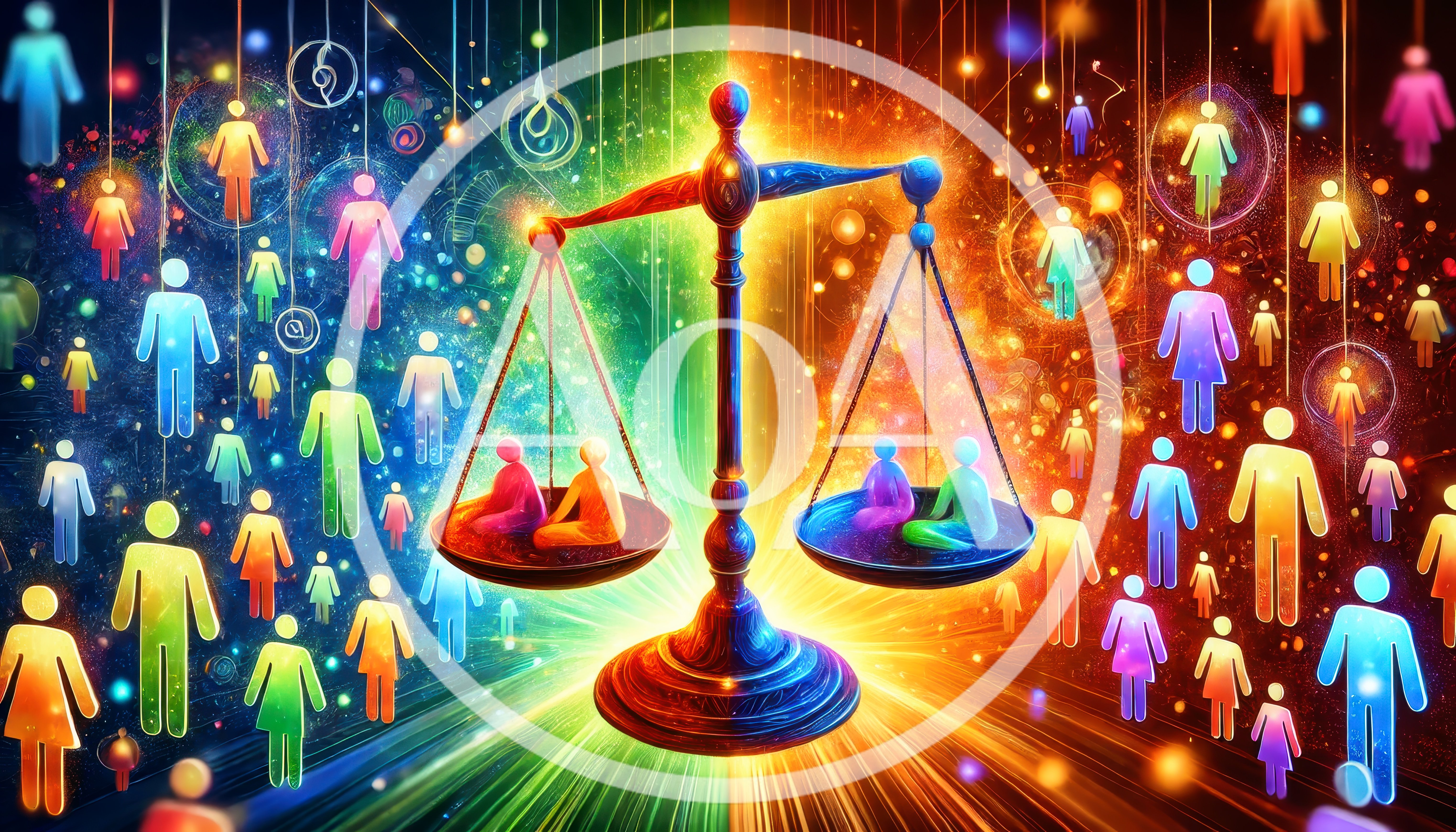 Abstract Digital Illustration Of Balanced Scales With Human Figures