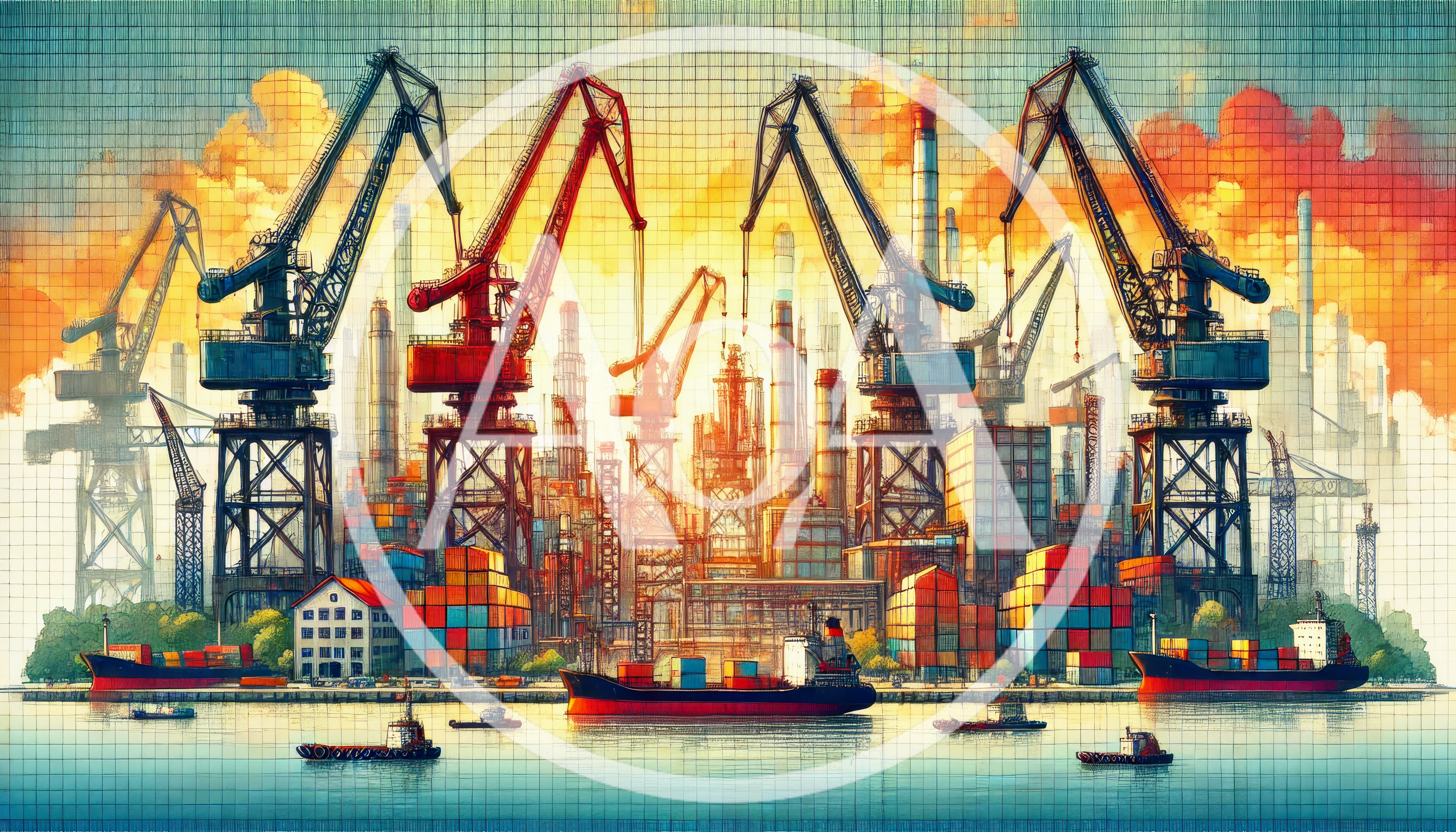 Industrial Port Scene With Cargo Ships And Cranes
