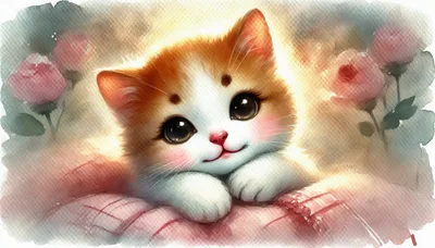 Watercolor Illustration Of A Cute Kitten With Roses