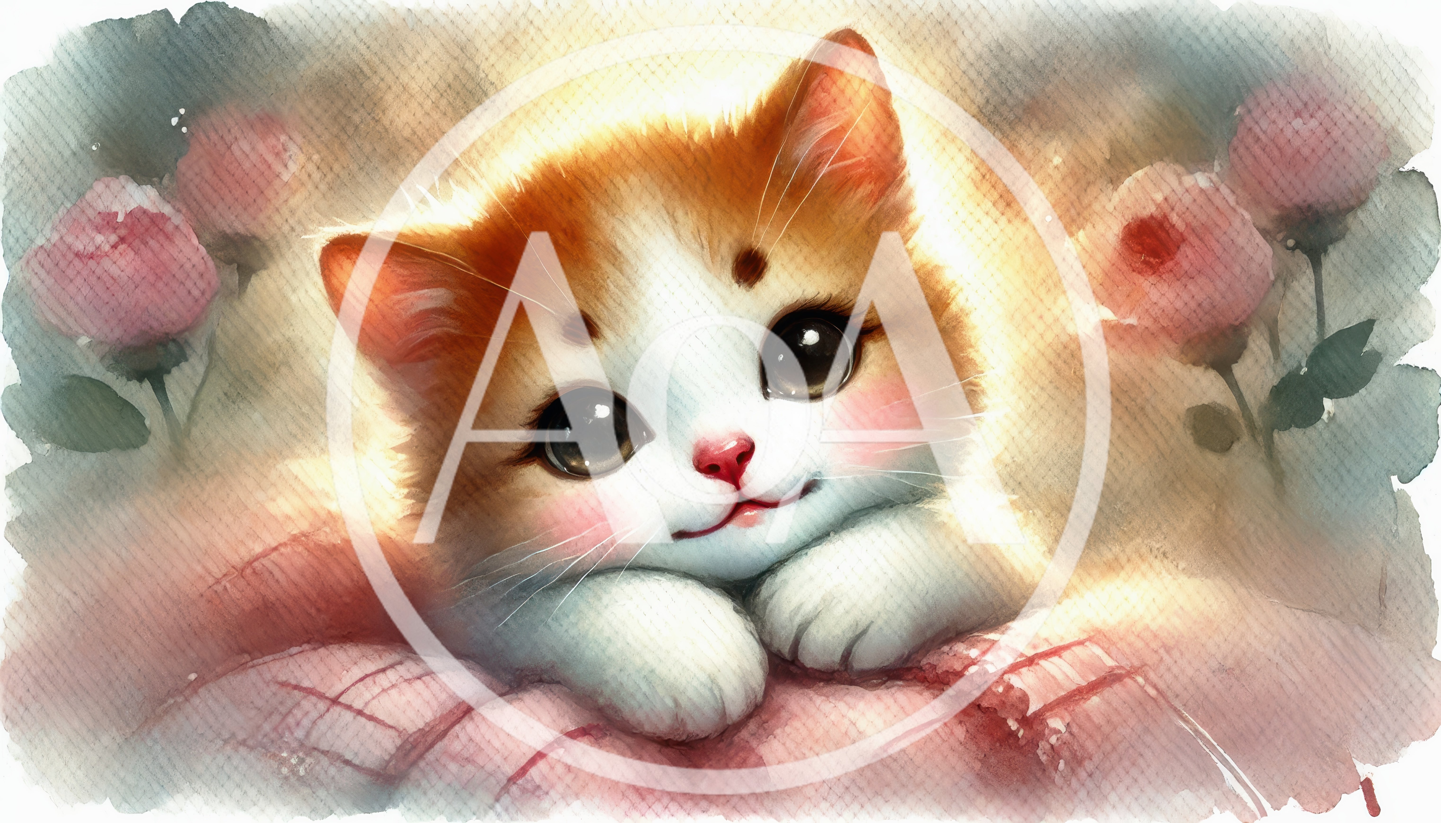 Watercolor Illustration Of A Cute Kitten With Roses