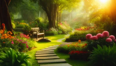 Sunlit Garden Path With Wooden Bench And Blooming Flowers