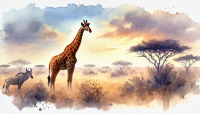 Watercolor Illustration of Giraffe and Zebra in Savanna