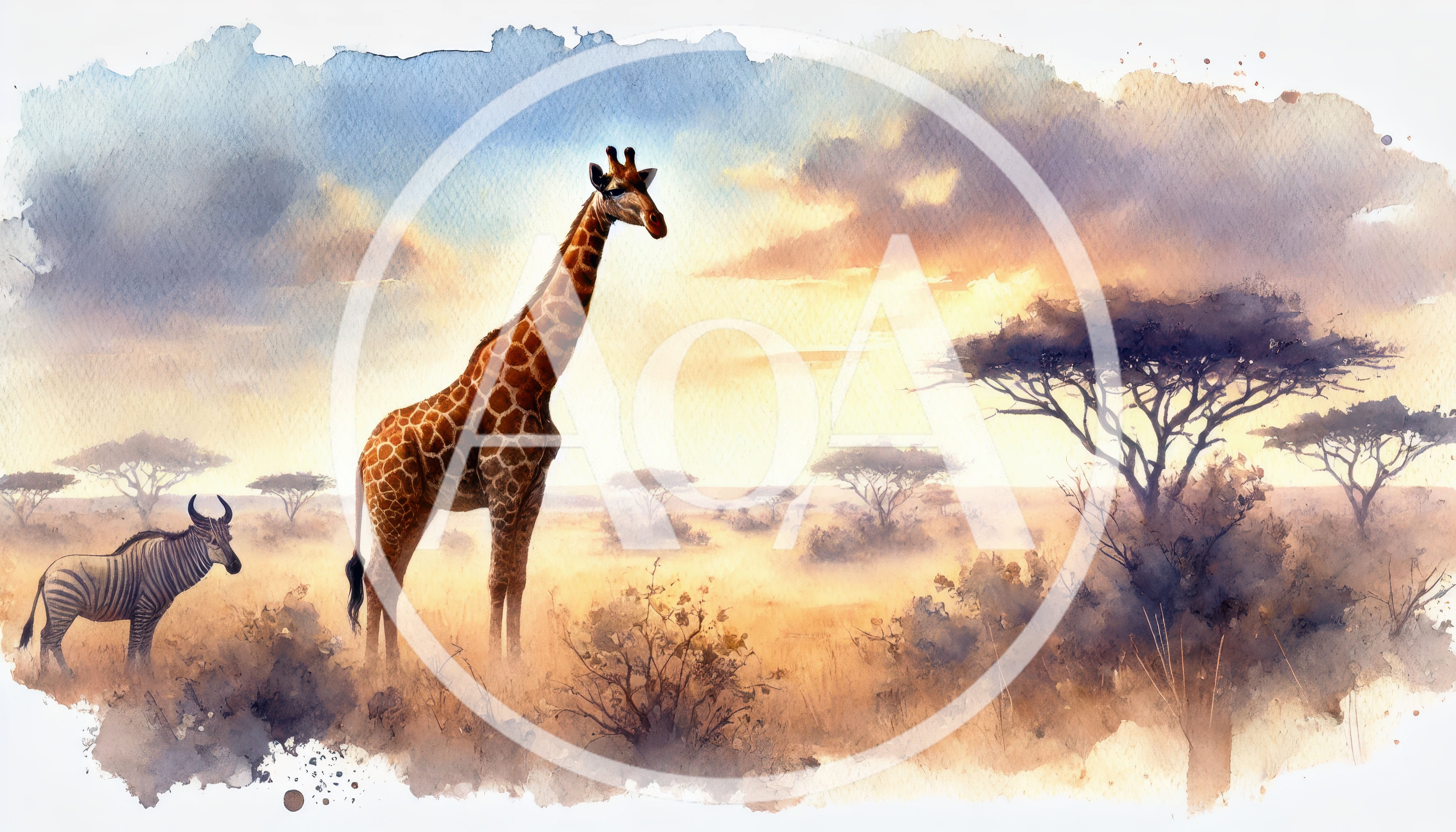Watercolor Illustration of Giraffe and Zebra in Savanna