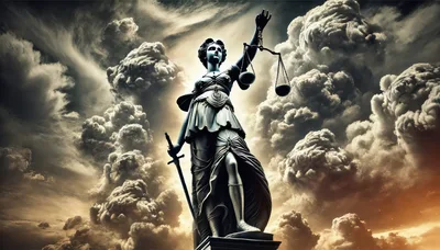Statue Of Lady Justice Against Dramatic Stormy Clouds
