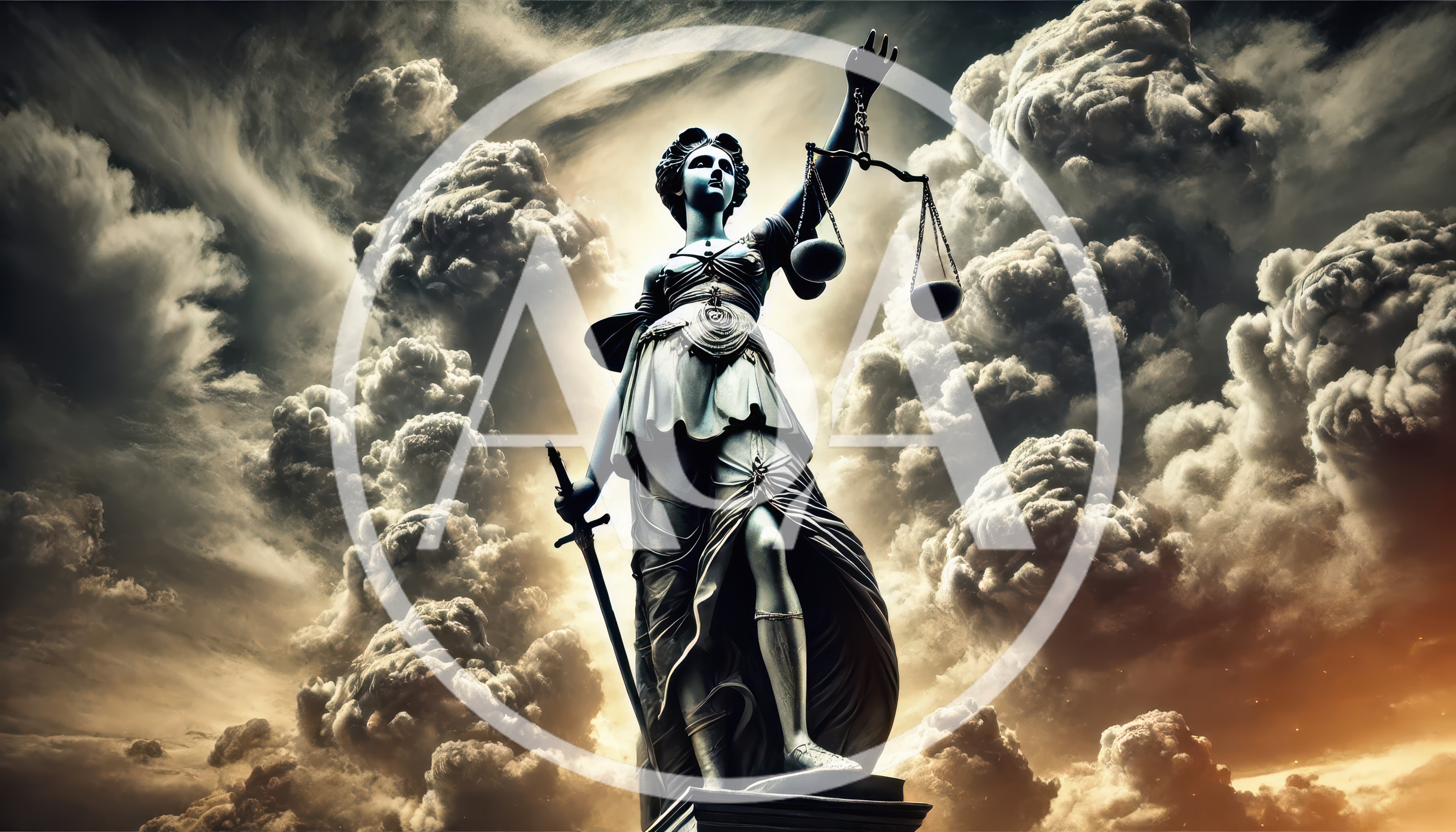 Statue Of Lady Justice Against Dramatic Stormy Clouds