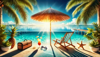 Tropical Beach Vacation Scene With Umbrella And Deckchair