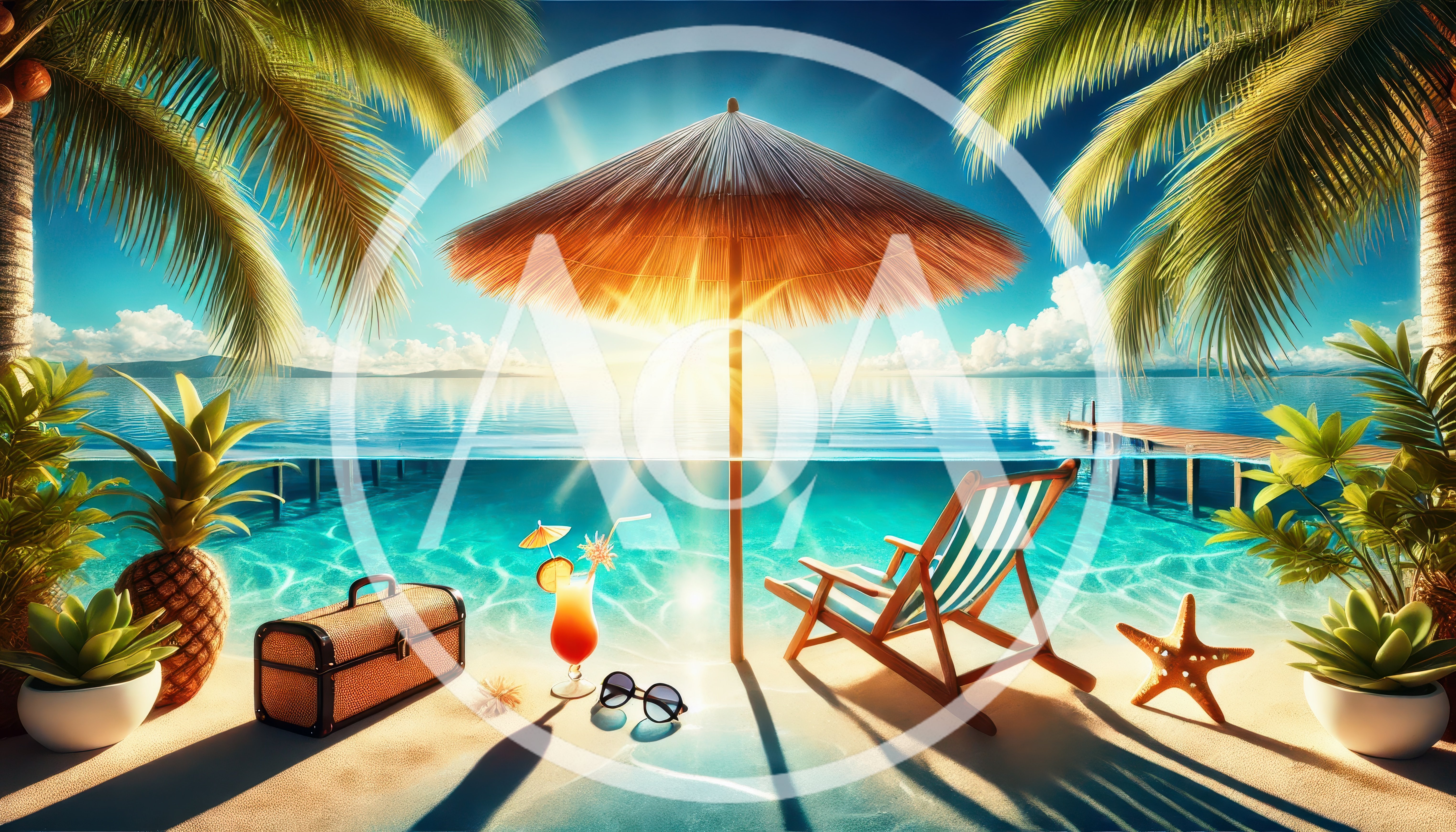Tropical Beach Vacation Scene With Umbrella And Deckchair