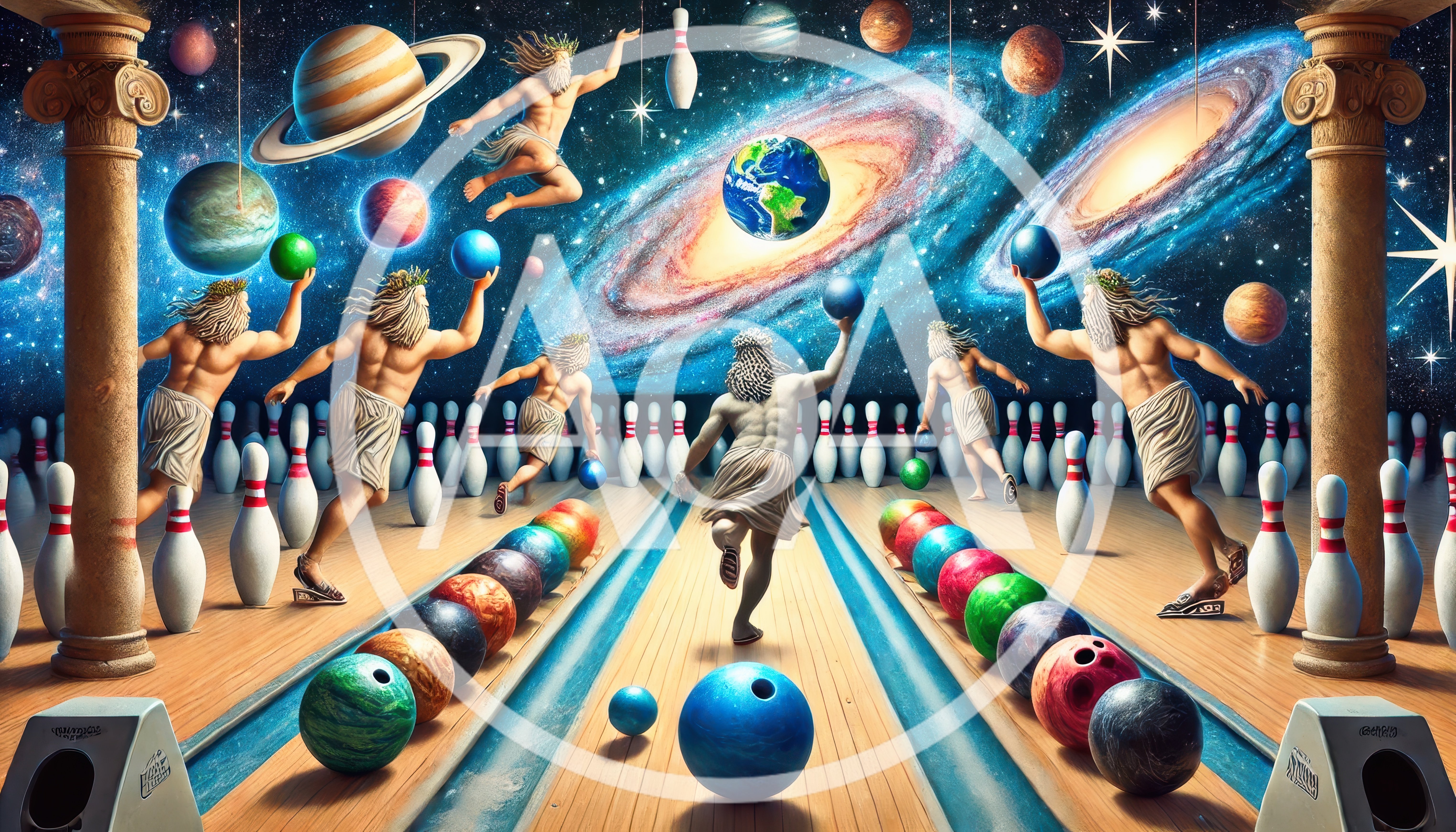 Greek Gods Bowling With Planets In Space