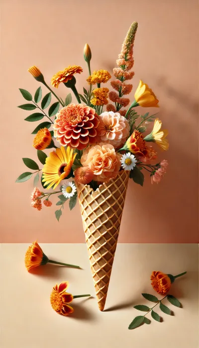 Floral Arrangement Inside A Waffle Ice Cream Cone
