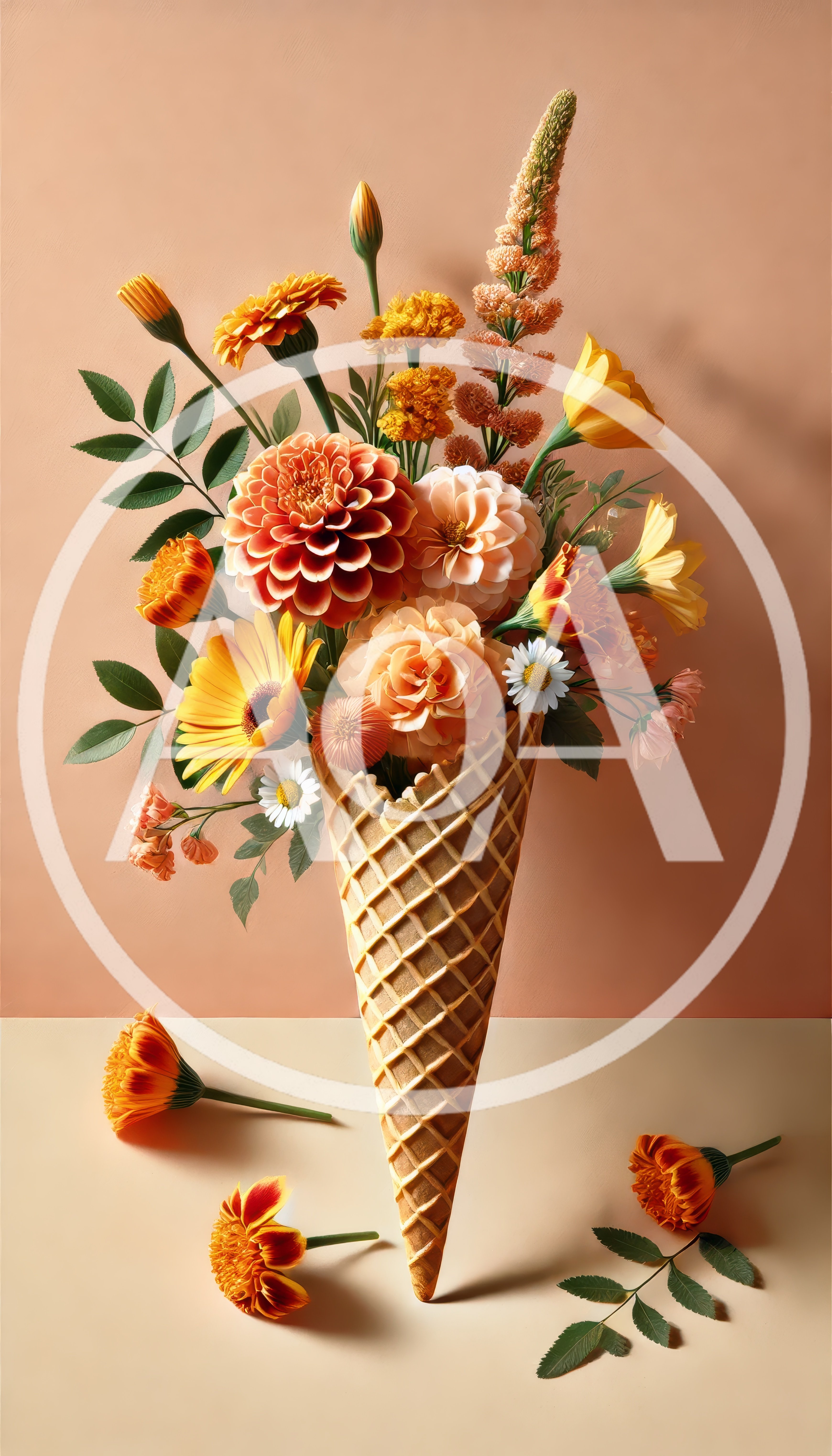 Floral Arrangement Inside A Waffle Ice Cream Cone