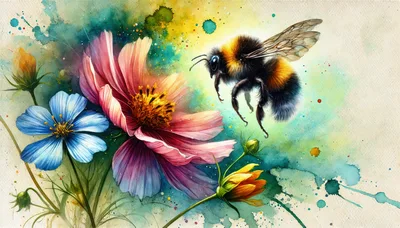 Bumblebee Hovering Near Vibrant Watercolor Flowers