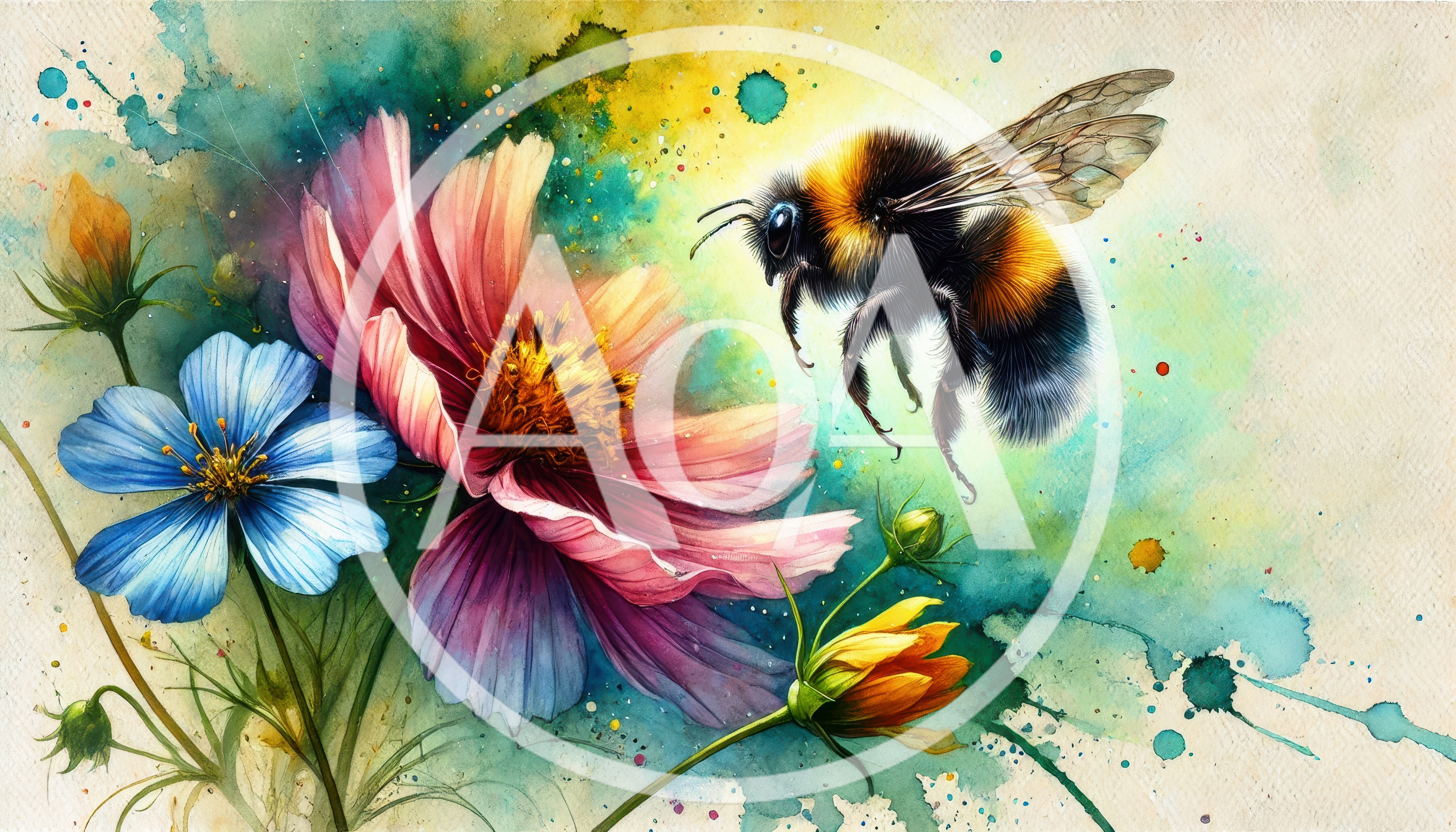 Bumblebee Hovering Near Vibrant Watercolor Flowers