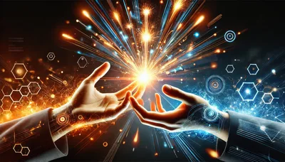 Digital Hands Connecting With Glowing Energy Sparks