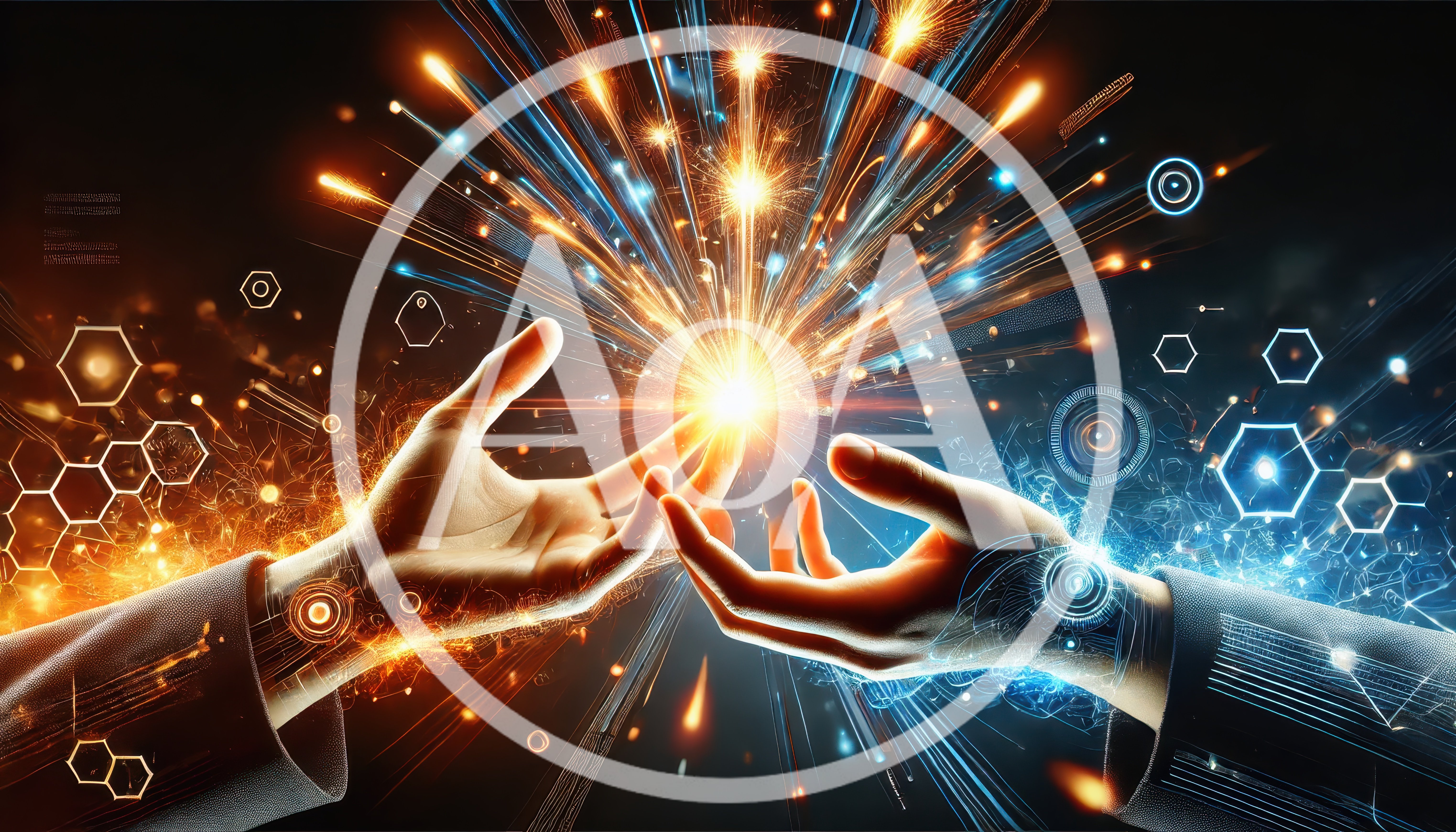 Digital Hands Connecting With Glowing Energy Sparks