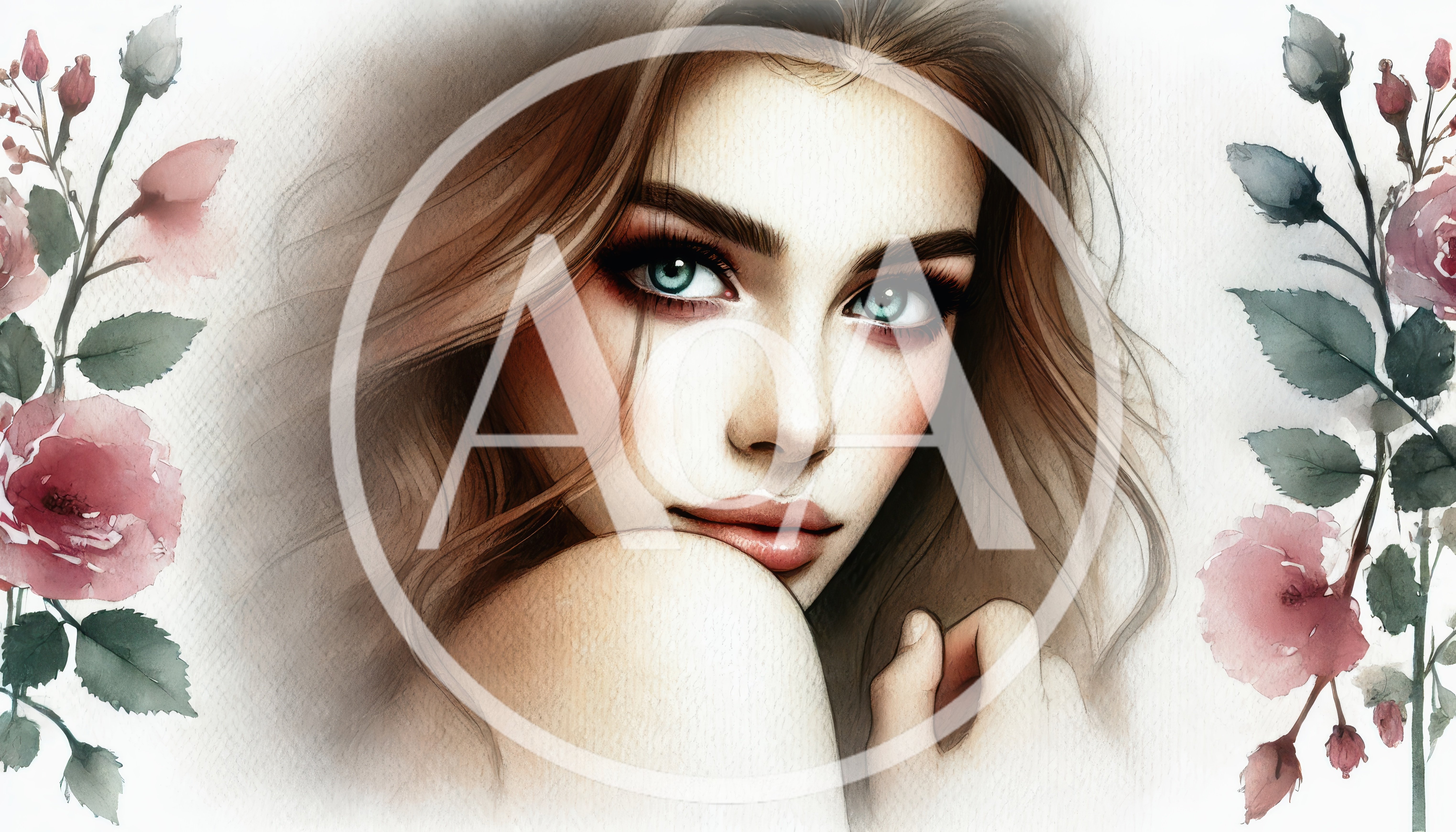 Portrait Of A Beautiful Woman With Watercolor Roses