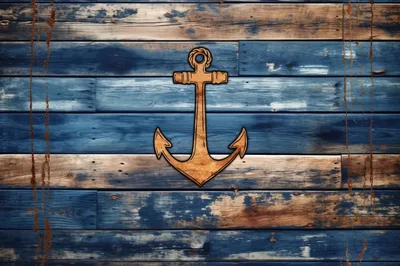 Wooden Anchor Symbol On Weathered Blue Planks