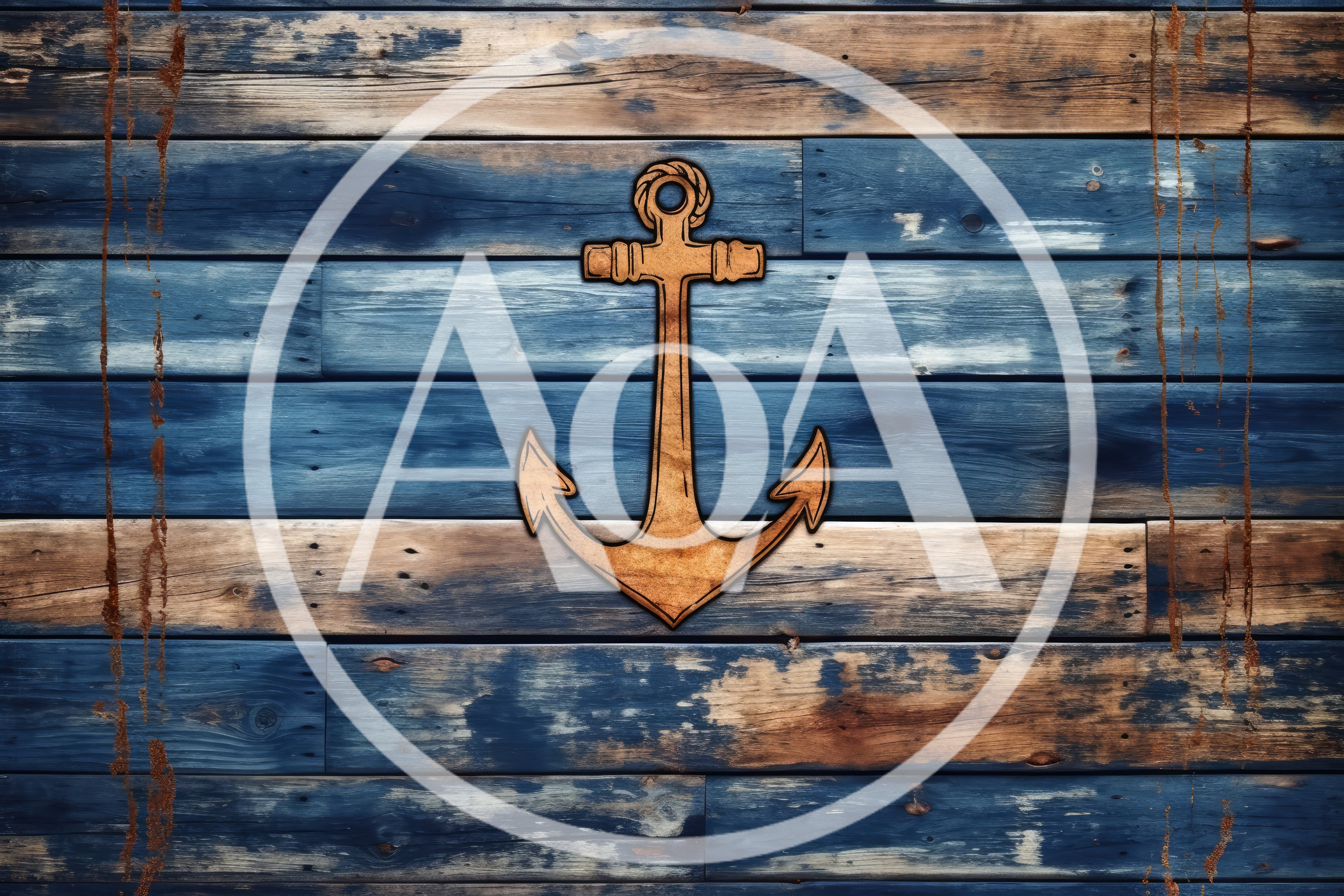 Wooden Anchor Symbol On Weathered Blue Planks