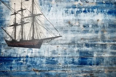 Vintage Sailing Ship Illustration On Weathered Blue Wood