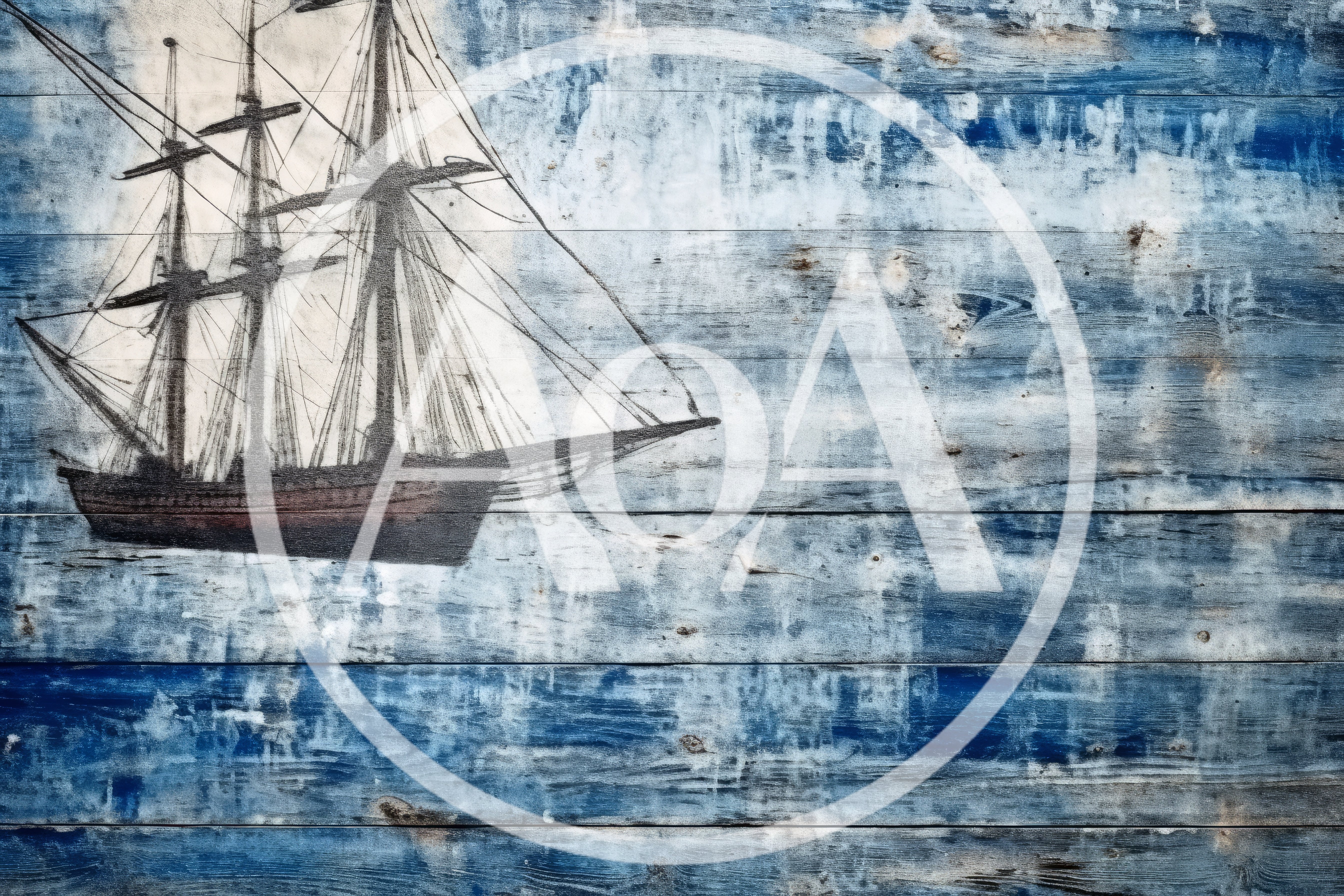 Vintage Sailing Ship Illustration On Weathered Blue Wood