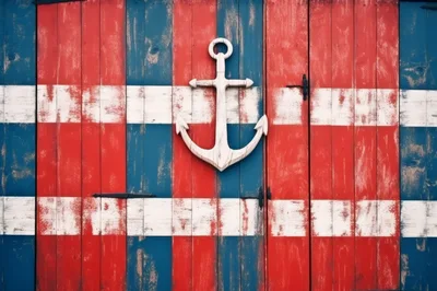 Weathered Wooden Door With Painted Flag And Anchor