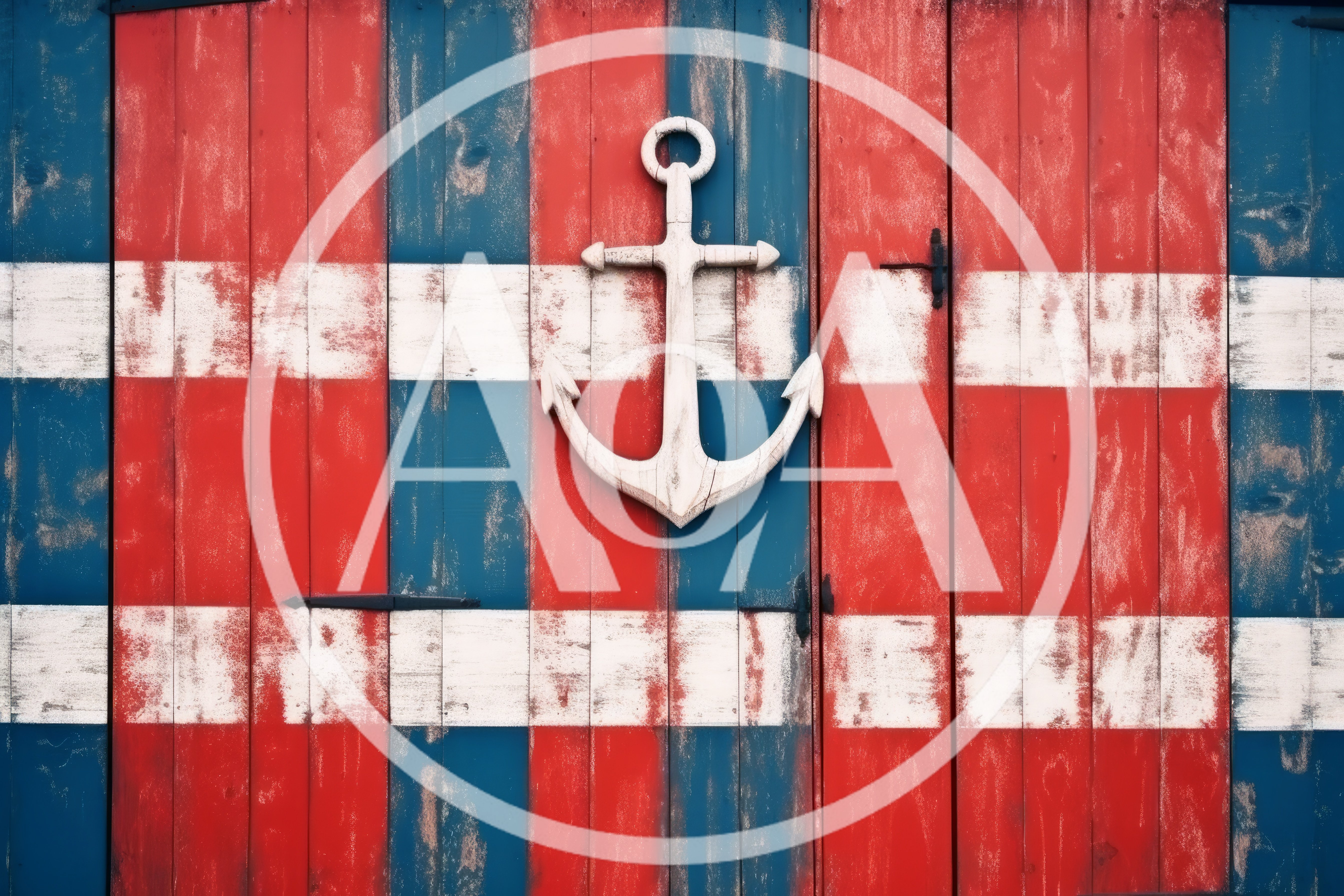 Weathered Wooden Door With Painted Flag And Anchor