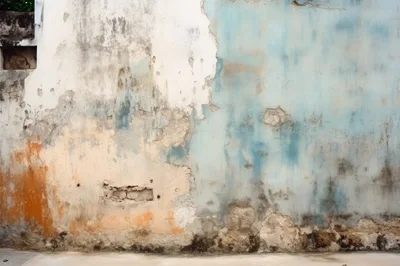 Weathered Concrete Wall With Peeling Blue And Orange Paint