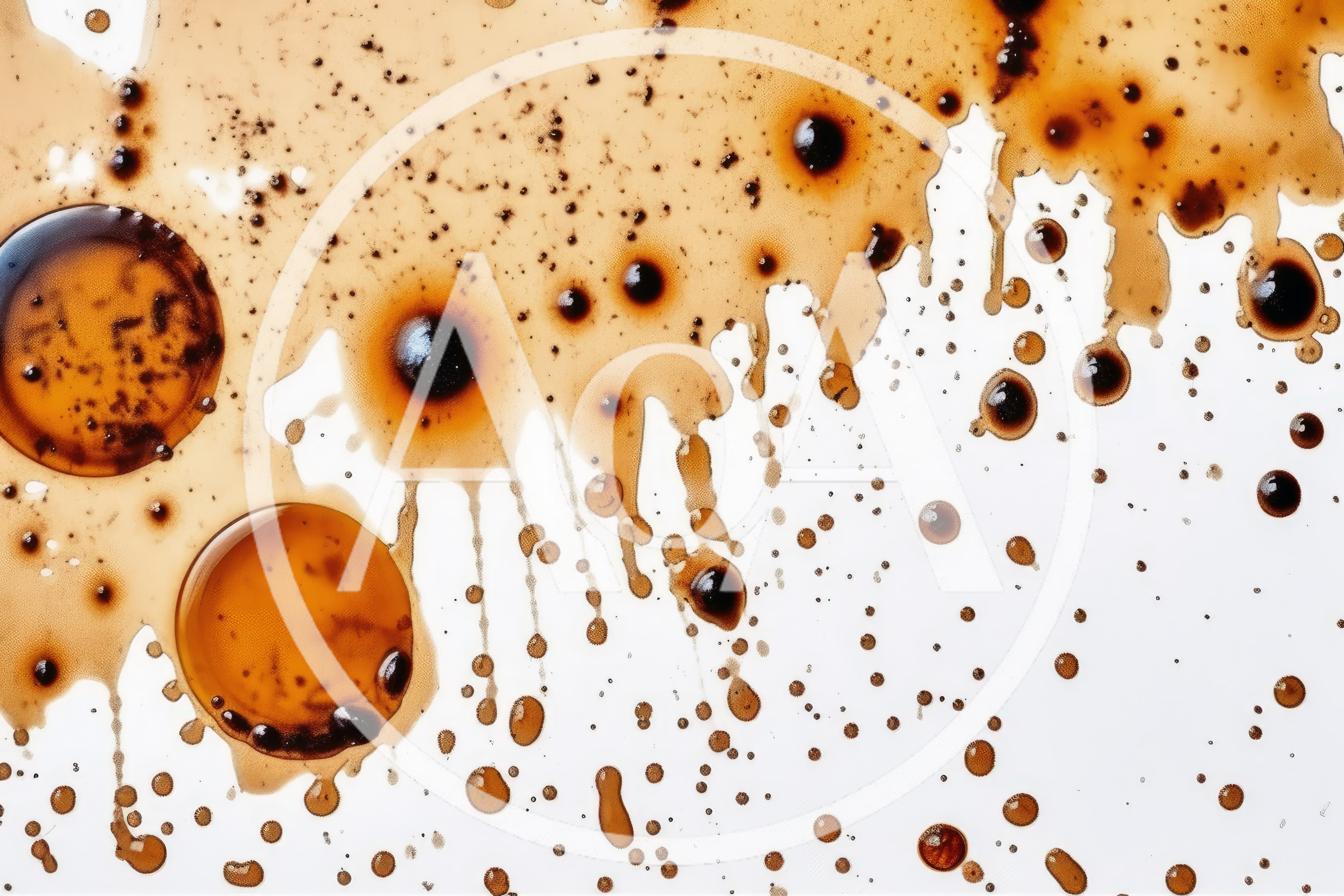 Dark Coffee Splatters and Drips on White Background