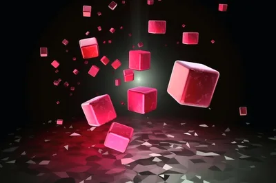 Floating Red Cubes Over Abstract Geometric Surface