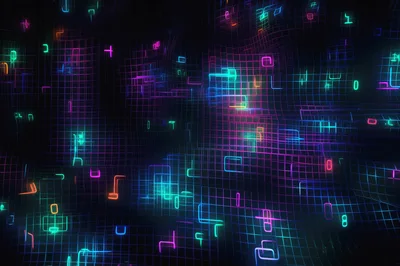 Abstract Digital Grid With Glowing Neon Data Symbols
