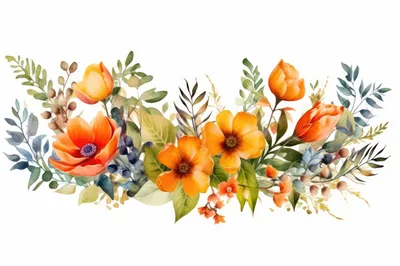 Watercolor Floral Arrangement With Orange Flowers And Foliage