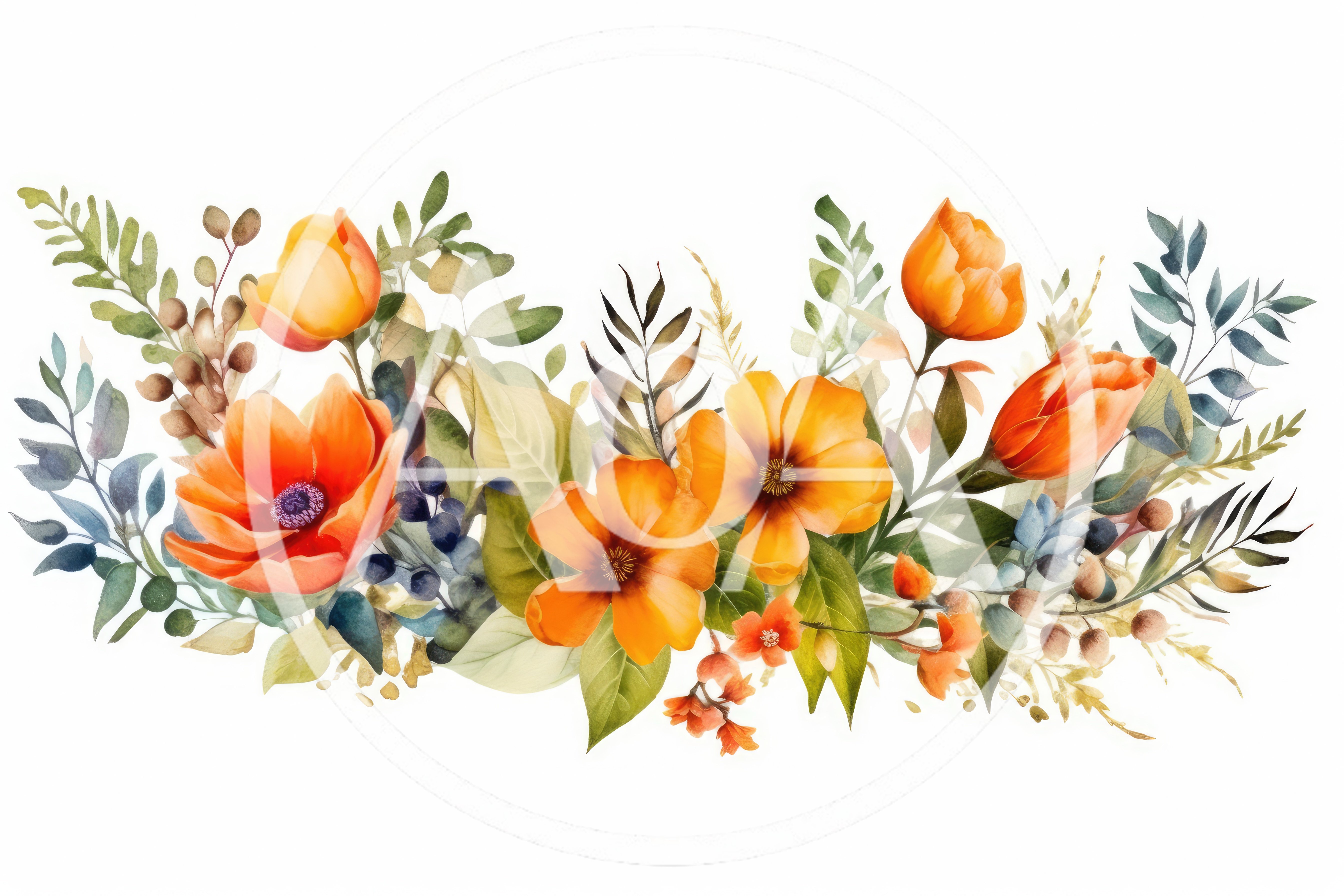 Watercolor Floral Arrangement With Orange Flowers And Foliage
