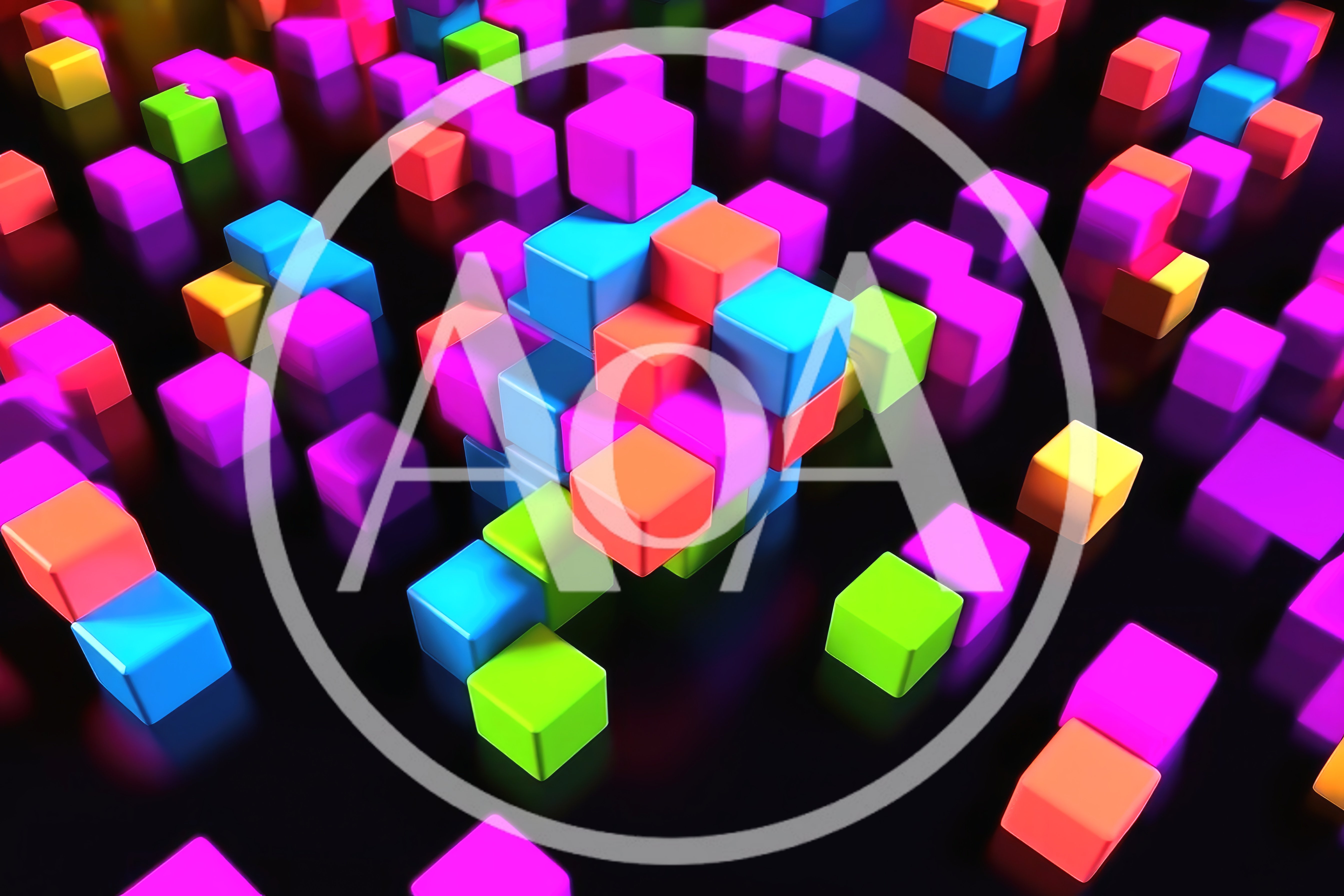Abstract 3D Neon Cubes Floating on Dark Surface