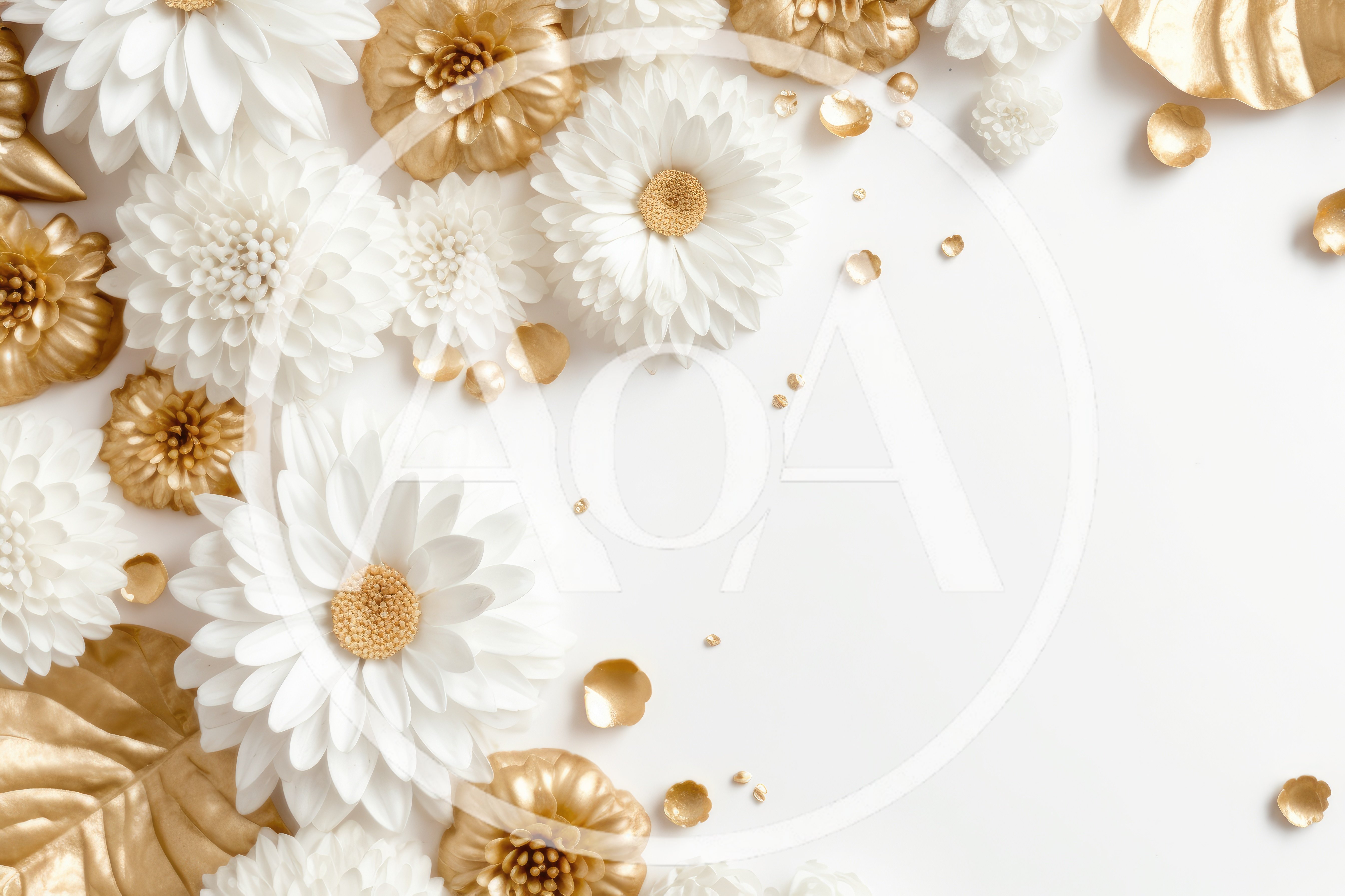 White and Gold Floral Flat Lay Background