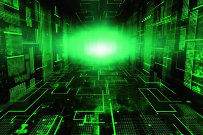 Digital Cyber Tunnel With Glowing Green Data Streams