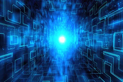 Digital Data Tunnel With Glowing Blue Circuitry