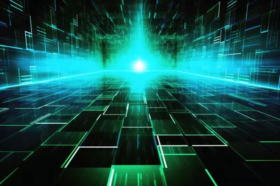 Digital Cyberspace Tunnel With Glowing Neon Grid