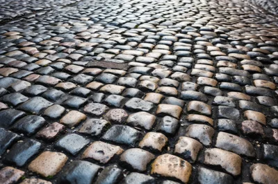 Close Up Of Wet Cobblestone Street