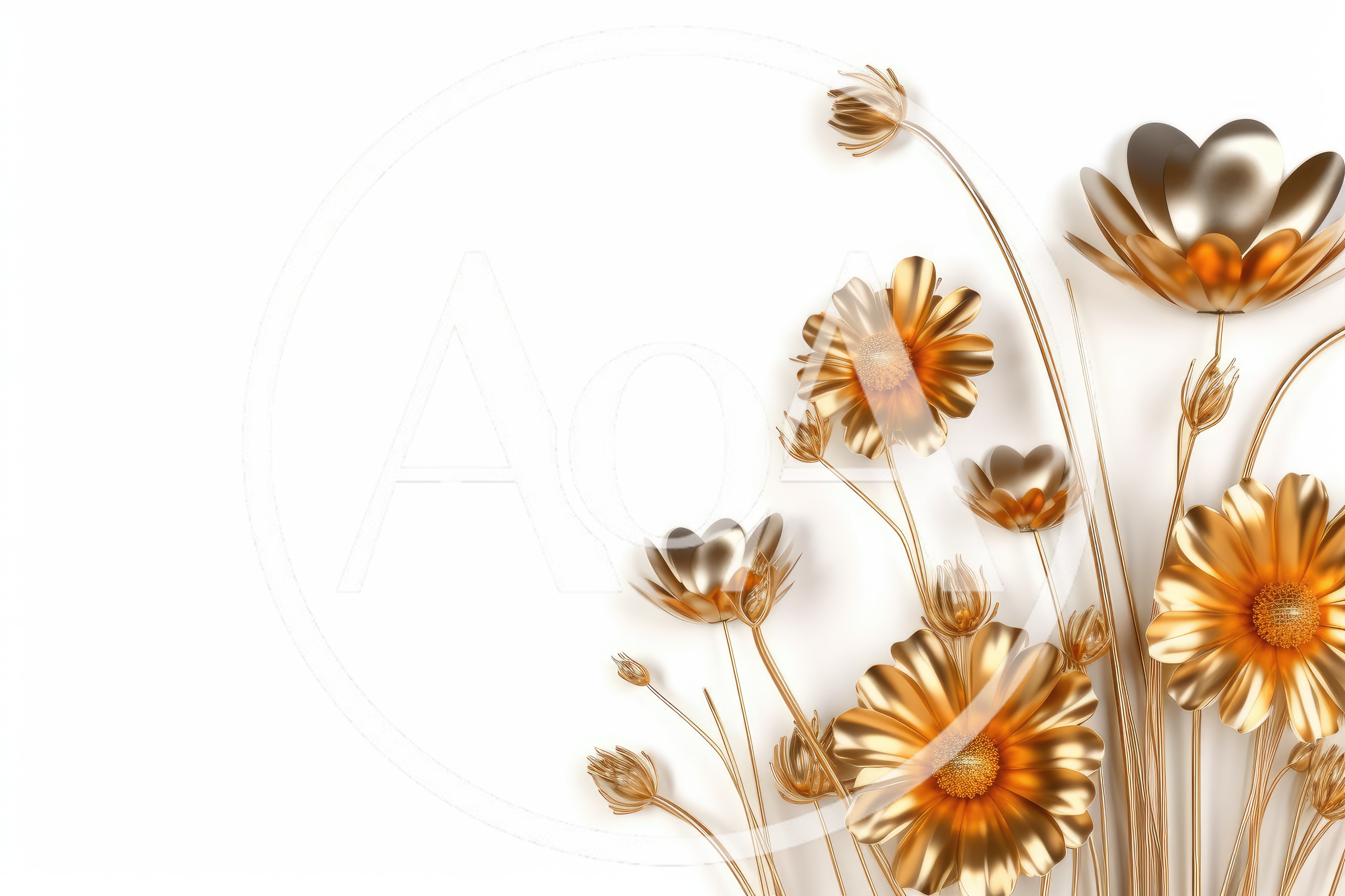Golden Metallic Flower Arrangement on White Background