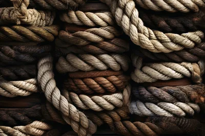 Coiled Nautical Ropes Stacked On A Wooden Surface